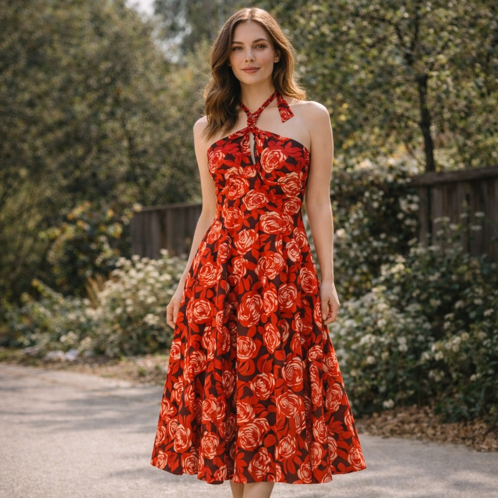 NWT- Robbie Bee Red and White Floral Midi Dress